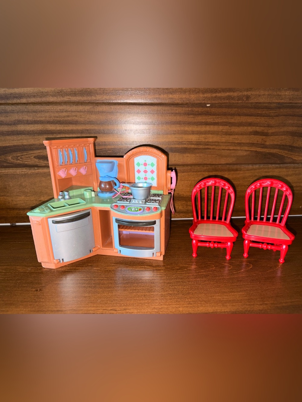 Vintage Fisher price loving family Toy Kitchen Set with Red Chairs